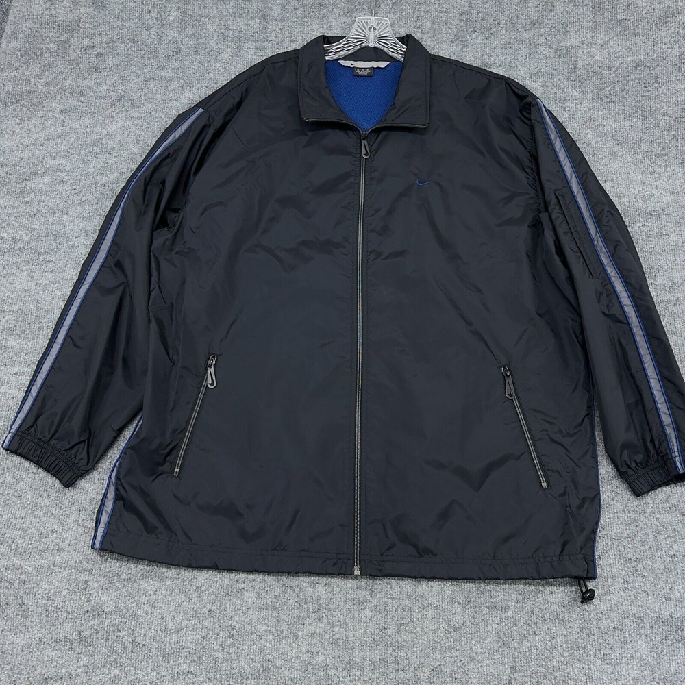 Vintage Nike Track Jacket Mens XL Black Blue Swoosh Windbreaker Full-Zip Y2K